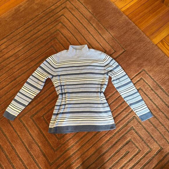 Blue white striped ribbed turtleneck Karen Scott size medium - Picture 7 of 8